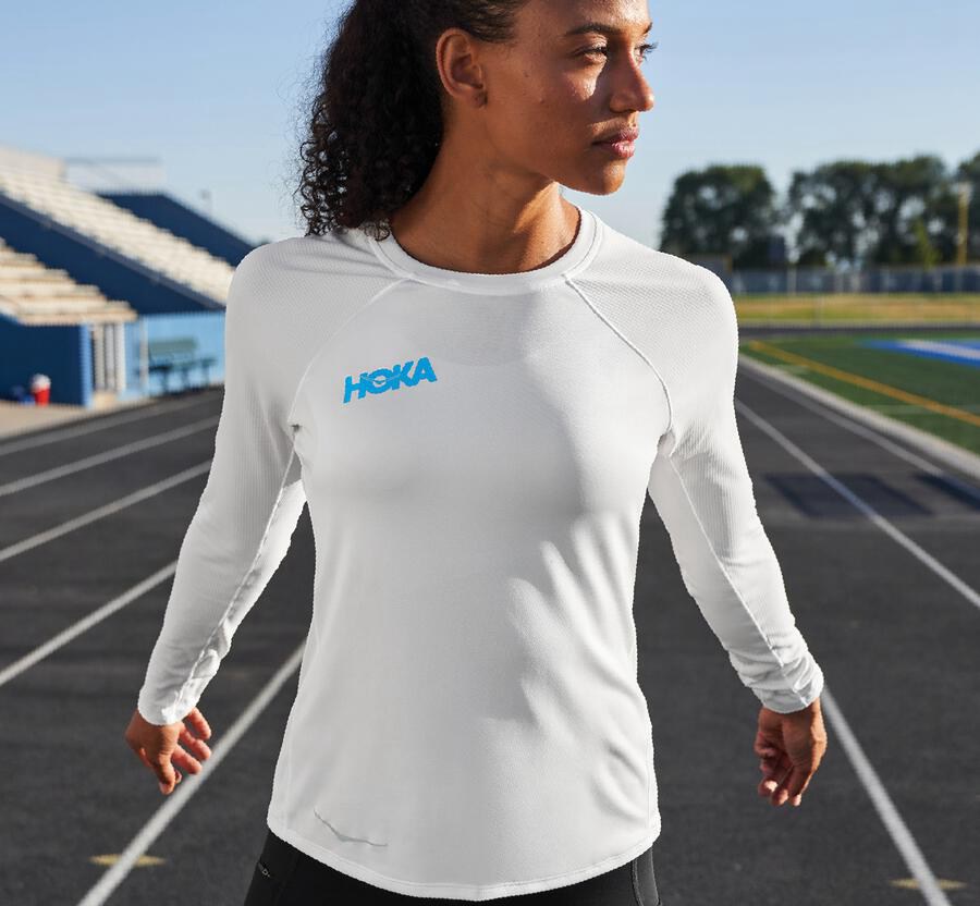 Hoka One One Top Damske Biele - Performance Dlho Sleeve - 47826-YUBI